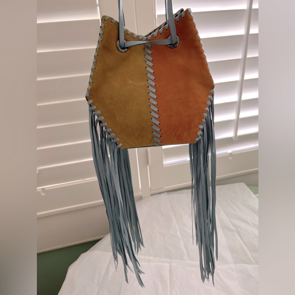 Renaud Pellegrino Two-Tone Suede Fringe Shoulder Bag in Mustard & Burnt Orange
